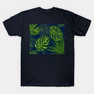 Tropical Leaf Print on Midnight Blue T-Shirt